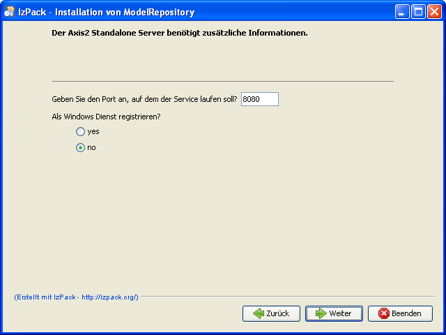 Angabe des Axis2 Port und Wahl des Windows Dienst