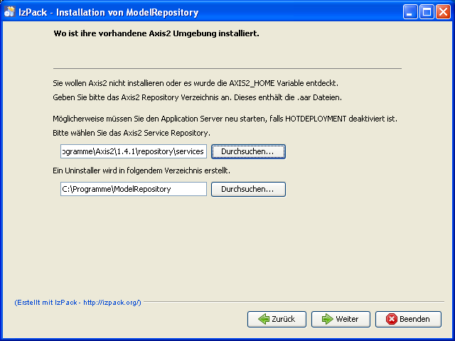 Pfadangaben des Axis2 services-Verzeichnis und des Uninstallers
