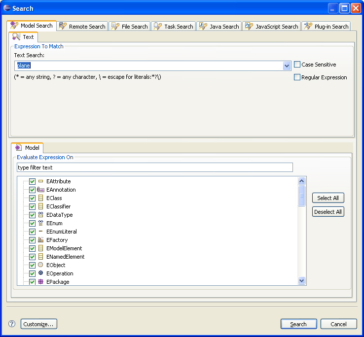 Model Search Dialog